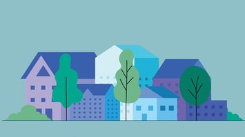 COLOURBOX Illustrasjonsbilde av stilliserte bygninger for Boliglånsundersøkelsen 2024.