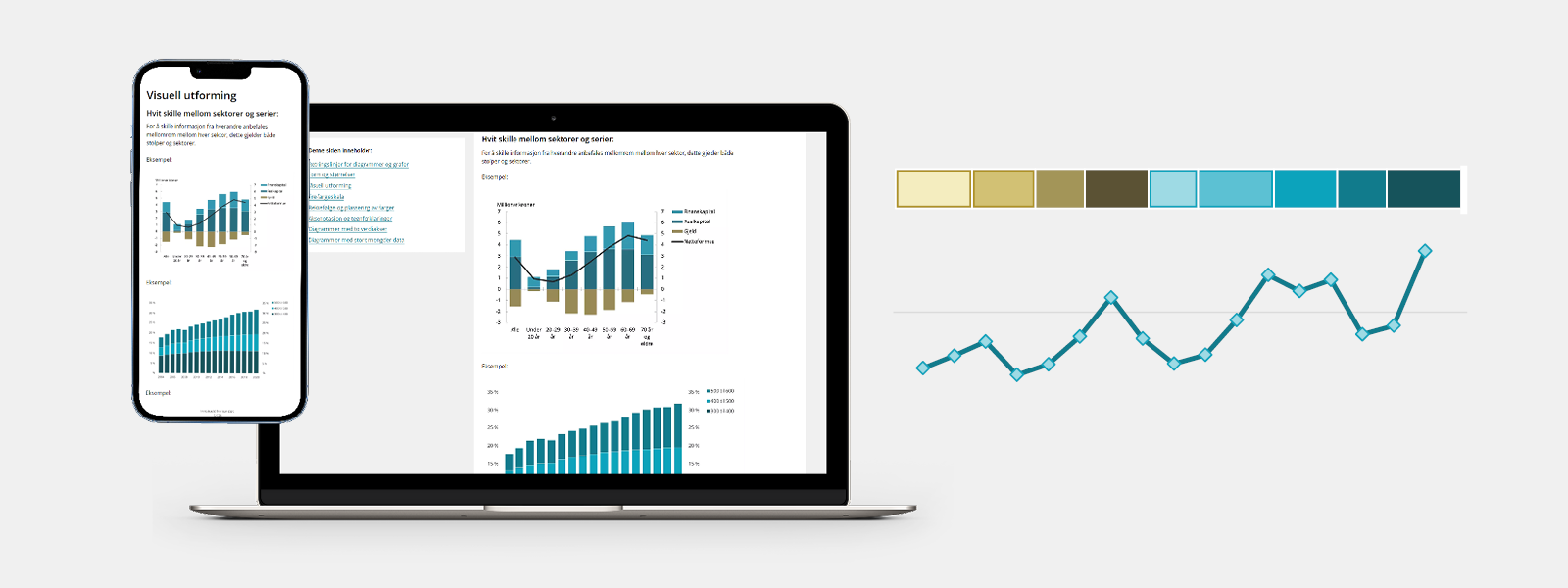 Bilde av eksempler på visuell stil på diagrammer og grafer i Finanstilsynet.