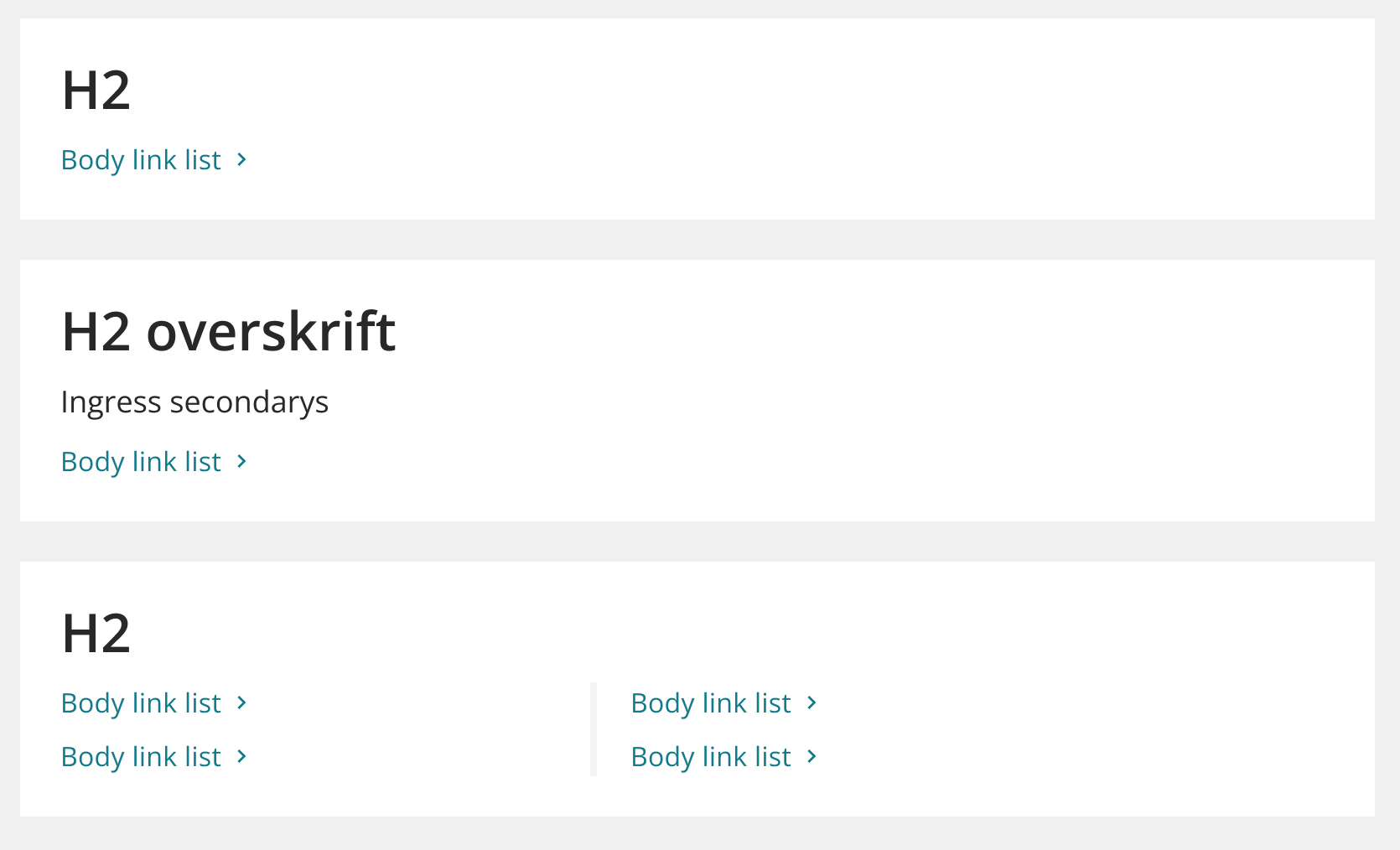 Blokker med overskrift, teasertekst og lenker. tre varianter