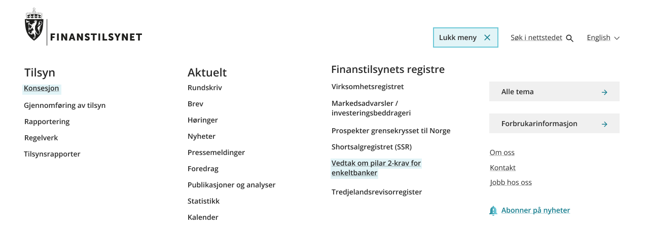 Toppefelt med &aring;pen meny.
